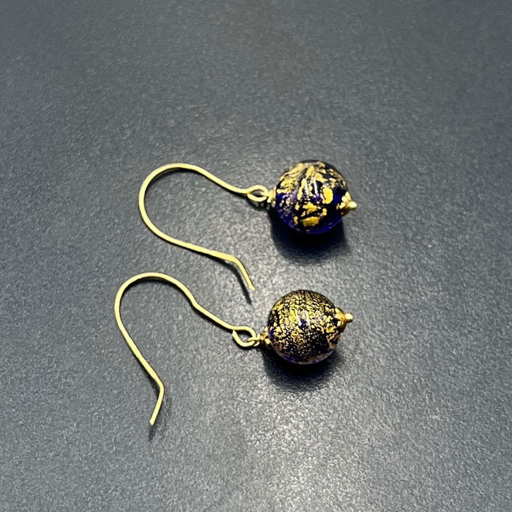 Michael Anthony Italy 14k Yellow Gold Blue Murano Glass Bead Wire Hook Earrings
